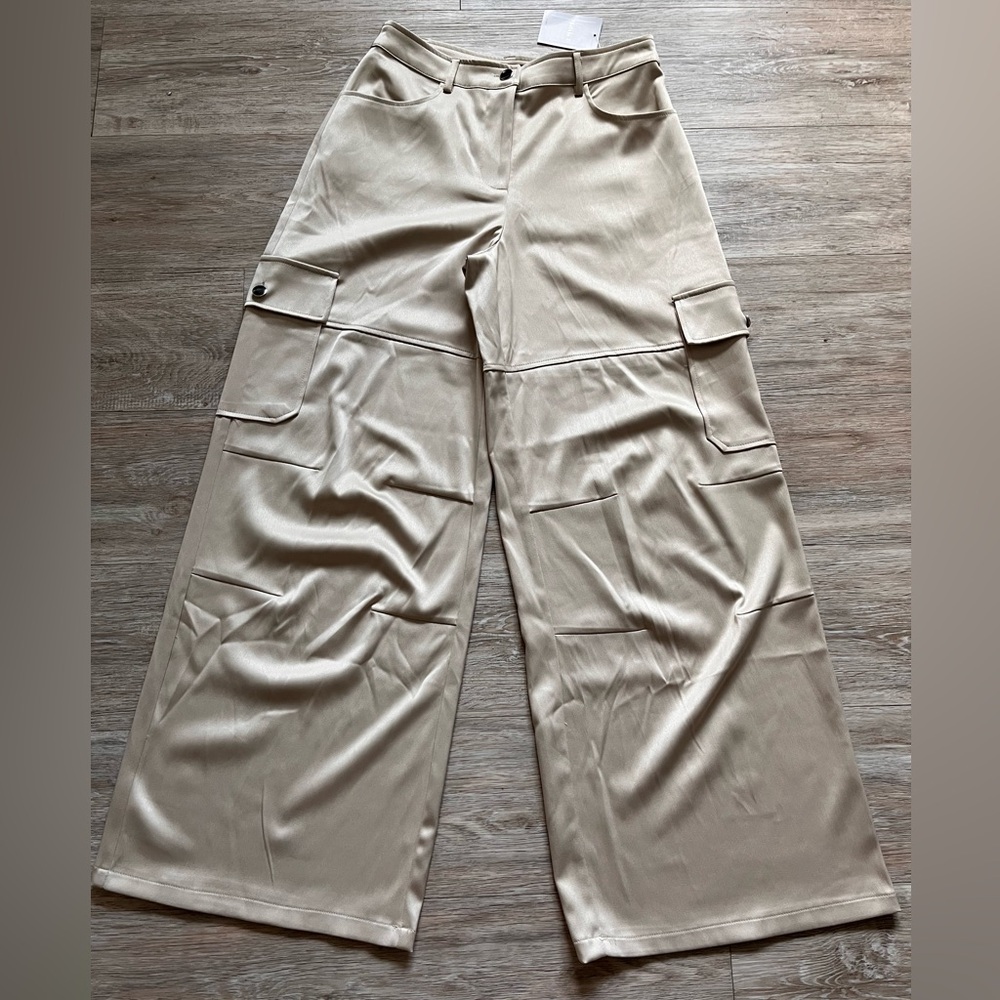 Women's Cargo Wide Leg Pants  Mid Rise Smooth Satin Cream 6 Functional Pockets
